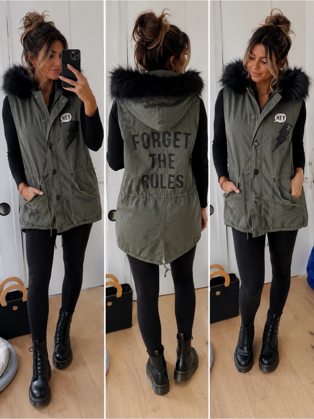 Olive Green Hooded Utility Vest with Black Faux Fur Trim